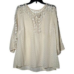 Bila Womens Crochet Lace Long Sleeve Top Size XL Sheer Boho Dainty Champagne